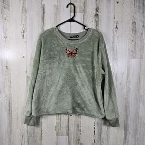 Fifth sun green soft fleece sweater with a butterfly women's size medium
